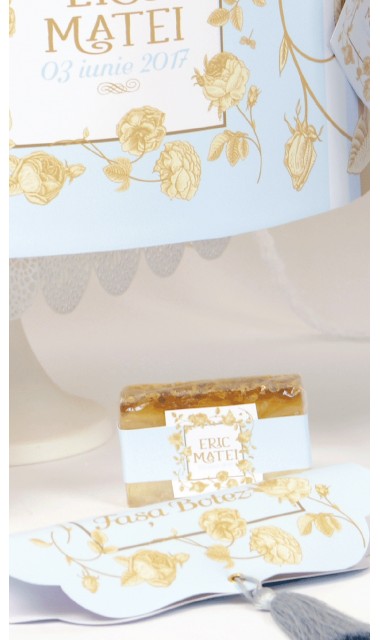 Trusou botez albastru brodat pentru baieti cu trandafiri aurii, Golden Rose 8